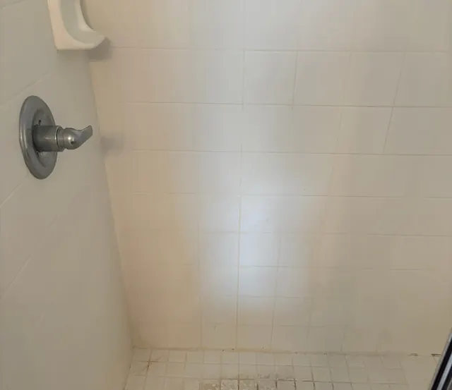 Before: A shower wall and floor dulled by soap film.